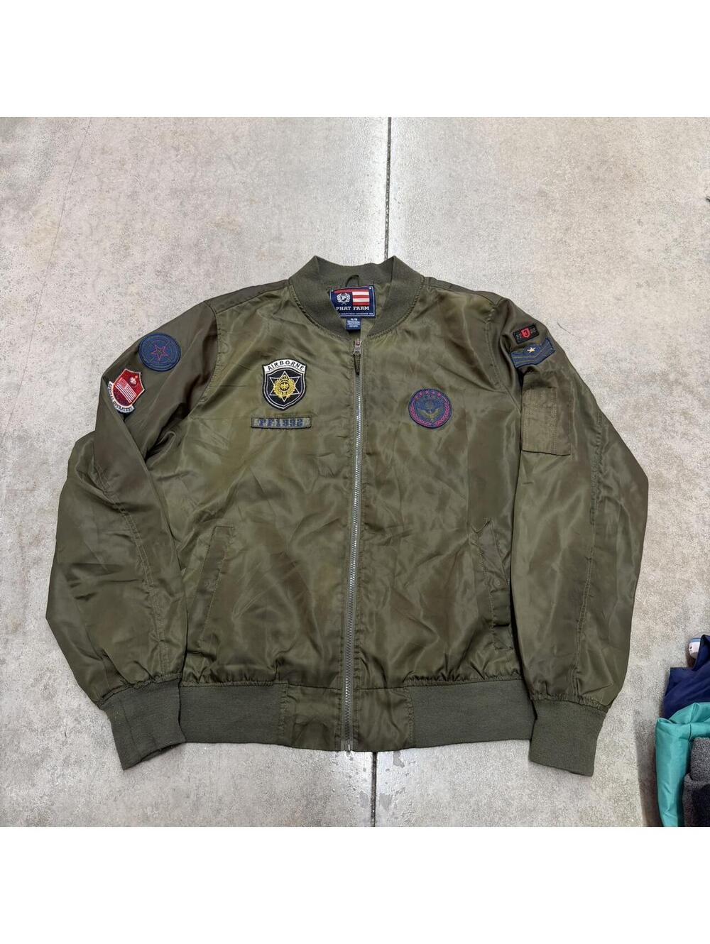 vintage phat farm olive green zip up satin bomber jacket size xl HAS HOLES